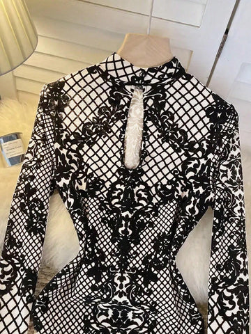 Women's Baroque Printed Stand Collar Long Sleeve Bodysuit