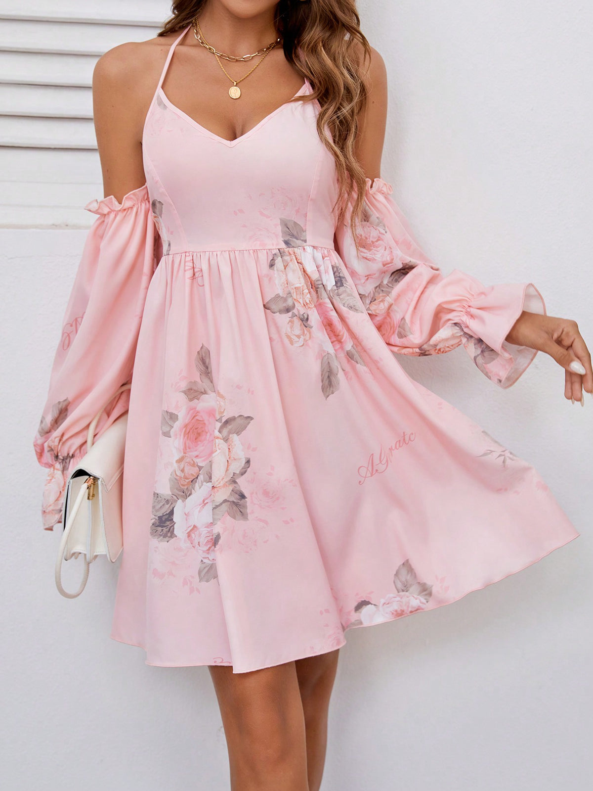 Women's Bell Sleeve Halter Neck Printed A-Line Dress With Spaghetti Straps