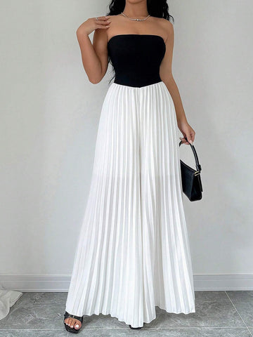 Women's Black And White Color Block Strapless Backless Jumpsuit With Waistband And Pleats, Elegant And Graceful