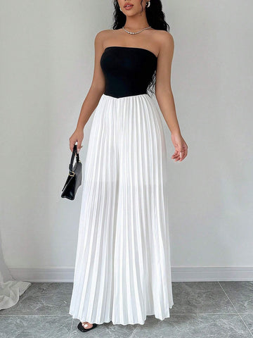Women's Black And White Color Block Strapless Backless Jumpsuit With Waistband And Pleats, Elegant And Graceful