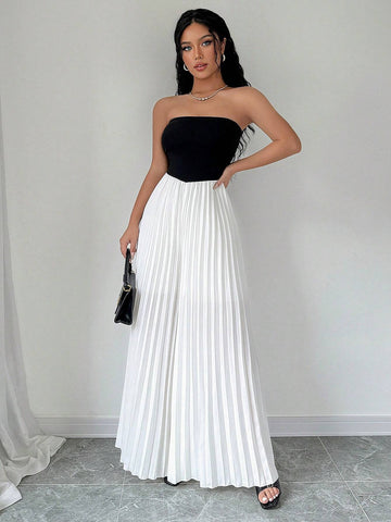 Women's Black And White Color Block Strapless Backless Jumpsuit With Waistband And Pleats, Elegant And Graceful