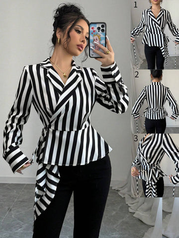 Privé Women's Black And White Striped Asymmetrical Hem Wrap Elegant Shirt