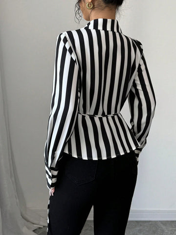 Privé Women's Black And White Striped Asymmetrical Hem Wrap Elegant Shirt