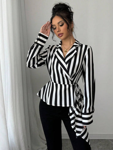 Privé Women's Black And White Striped Asymmetrical Hem Wrap Elegant Shirt