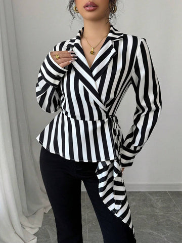Privé Women's Black And White Striped Asymmetrical Hem Wrap Elegant Shirt