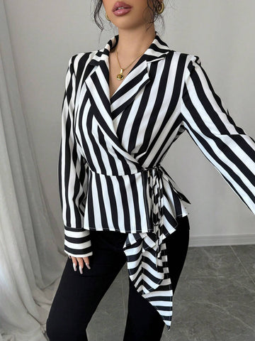Privé Women's Black And White Striped Asymmetrical Hem Wrap Elegant Shirt