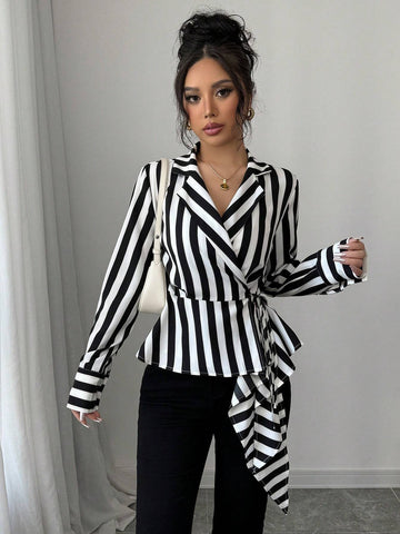 Privé Women's Black And White Striped Asymmetrical Hem Wrap Elegant Shirt