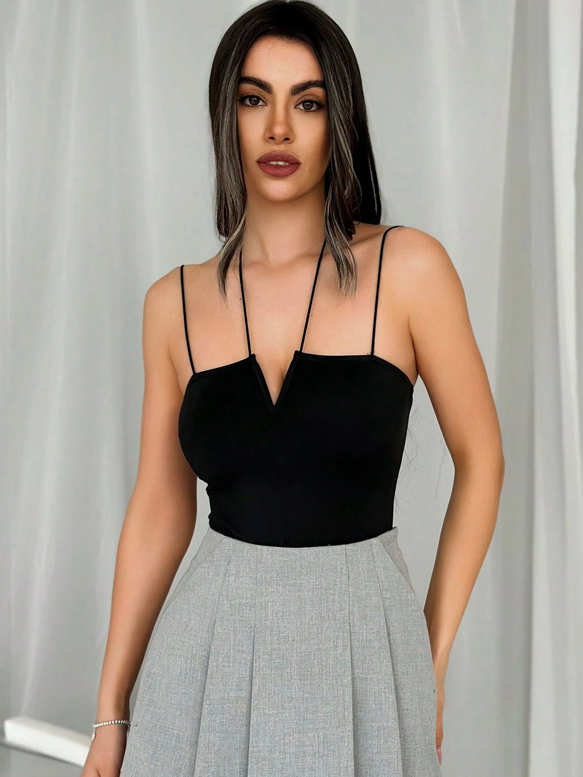 Women's Black Commuter V-Neck Slim Fit Camisole Bodysuit