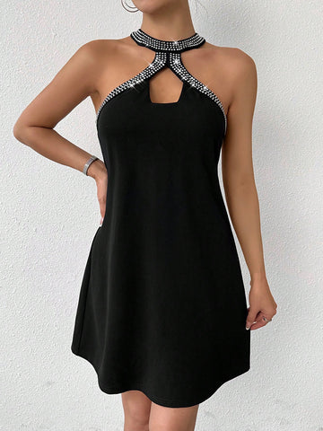 Women's Black Hollowed Out Hot Rhinestone Halter Short A Hem Dresses,Bright And Shiny Dress,Skel