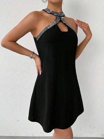 Women's Black Hollowed Out Hot Rhinestone Halter Short A Hem Dresses,Bright And Shiny Dress,Skel
