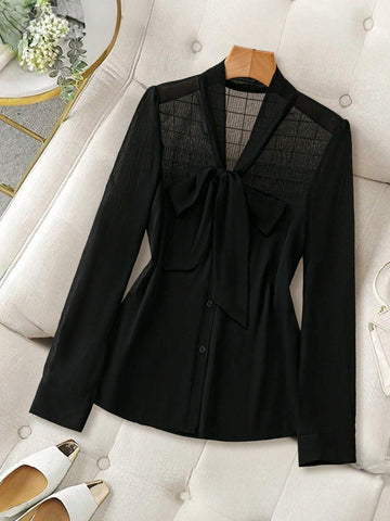 Privé Women's Black Lace-Up See-Through Minimalist Sexy Long Sleeve Blouse