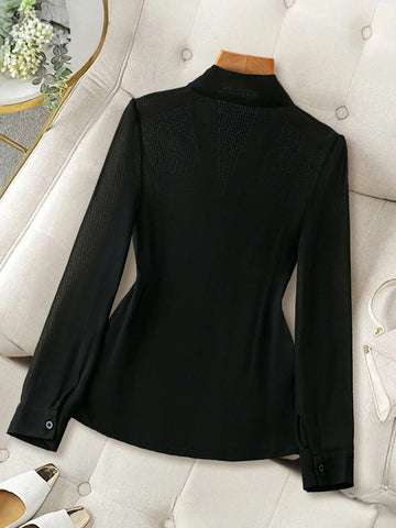 Privé Women's Black Lace-Up See-Through Minimalist Sexy Long Sleeve Blouse