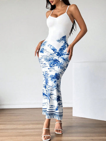 Women's Blue And White Tropical Print Strappy Summer Long Dress,Sexy Dress,Summer Long