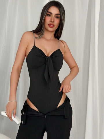 Women's Bodycon Ruched Chest Tie Waist Strap Bodysuit For Weddings, Parties Or Dates