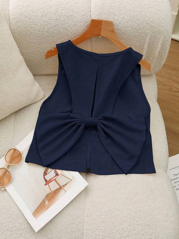 Privé Women's Bow Decoration Solid Color Round Neck Sleeveless Simple Casual Shirt