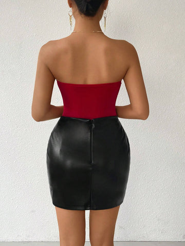 Women's Bow Knot Decorated Patchwork Ruffle Hem Strapless Bodysuit