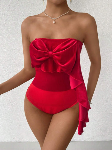Women's Bow Knot Decorated Patchwork Ruffle Hem Strapless Bodysuit