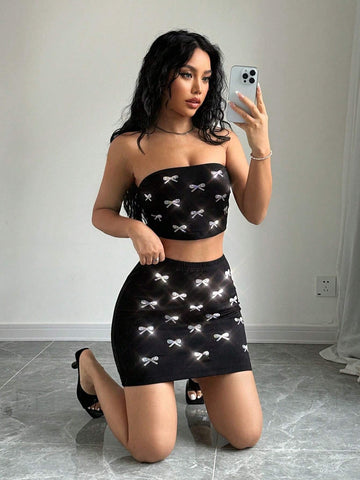 Womens Bow Rhinestone Tube Top And Skirt Suit
