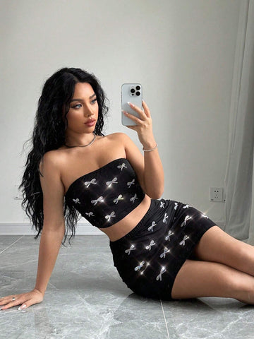 Womens Bow Rhinestone Tube Top And Skirt Suit