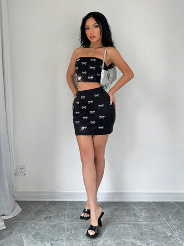 Womens Bow Rhinestone Tube Top And Skirt Suit