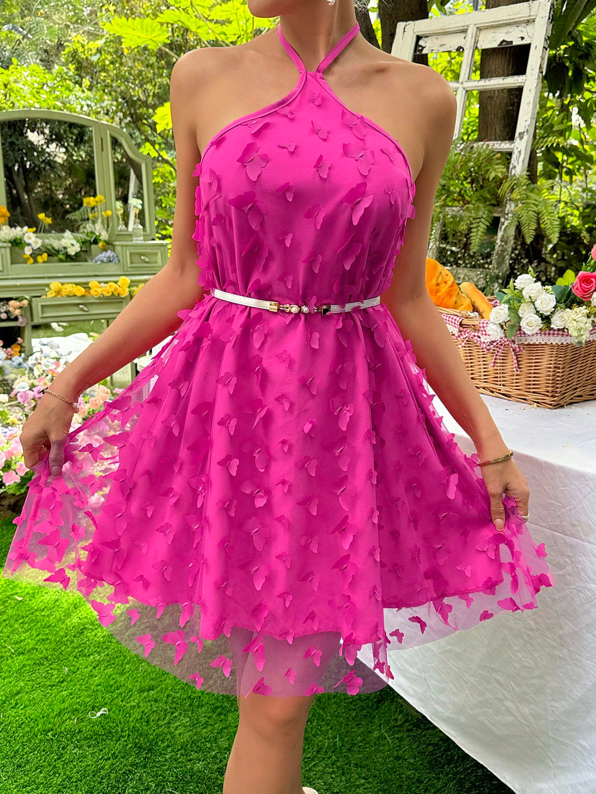 Women's Butterfly Applique Mesh Halterneck Dress
