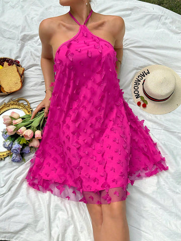 Women's Butterfly Applique Mesh Halterneck Dress