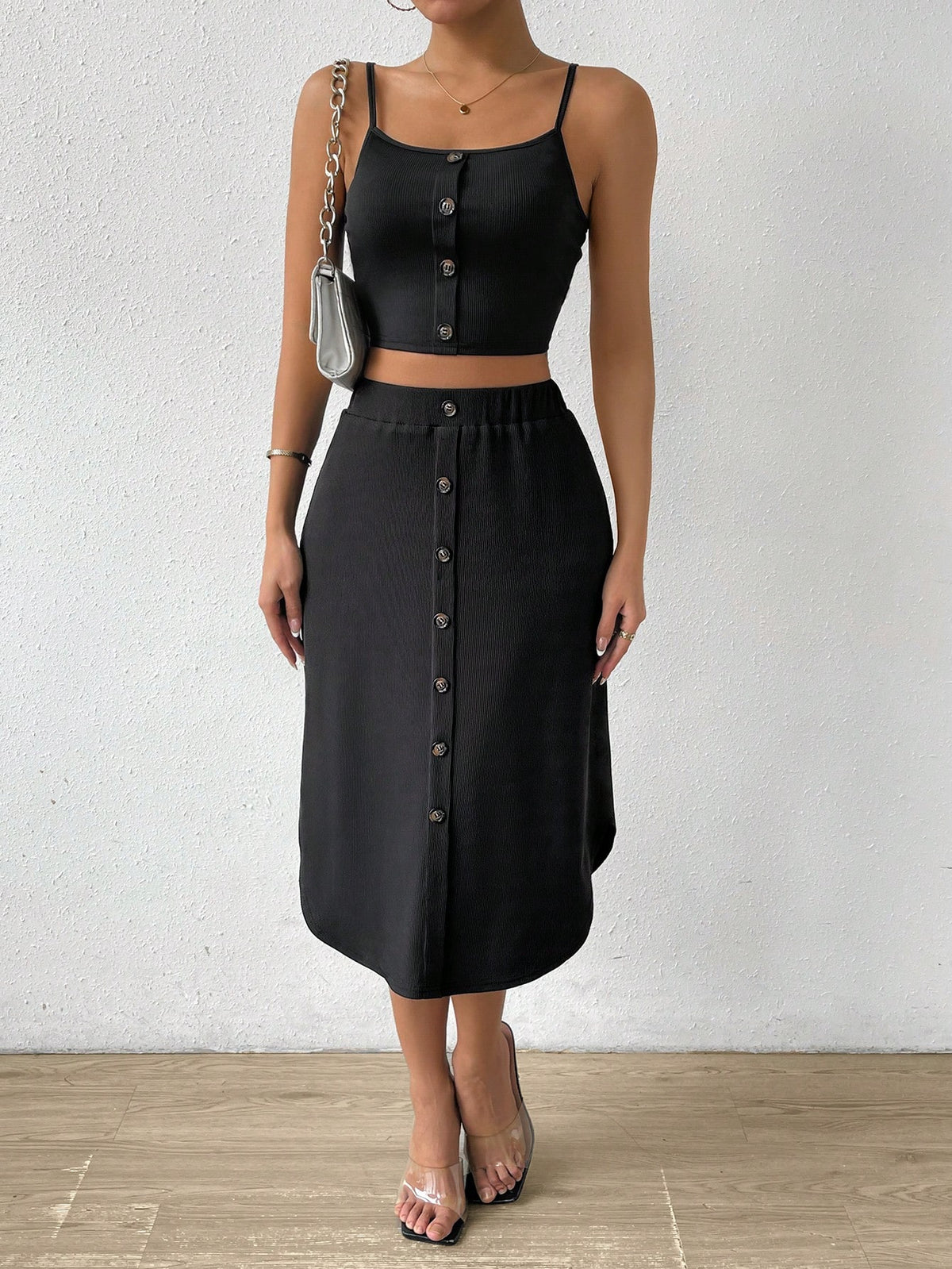 Women's Button Decorated Summer Cami Top And Skirt Set