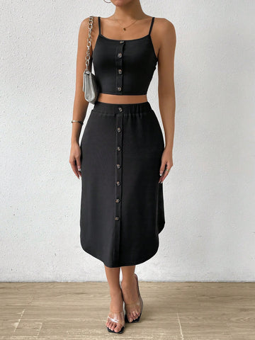Women's Button Decorated Summer Cami Top And Skirt Set