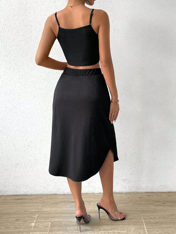 Women's Button Decorated Summer Cami Top And Skirt Set