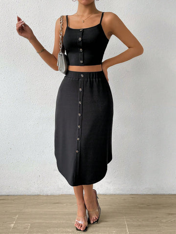 Women's Button Decorated Summer Cami Top And Skirt Set