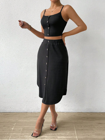 Women's Button Decorated Summer Cami Top And Skirt Set
