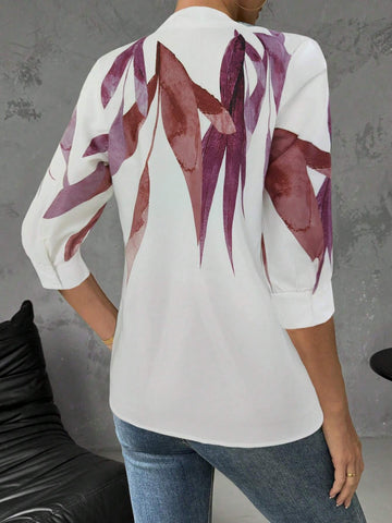 Privé Women's Casual Botanical Print 3/4 Sleeve Loose Shirt, Autumn