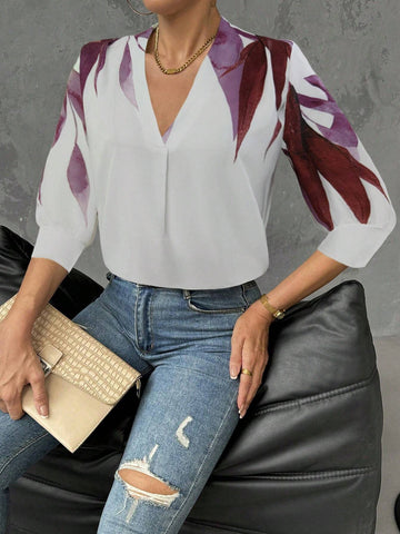 Privé Women's Casual Botanical Print 3/4 Sleeve Loose Shirt, Autumn