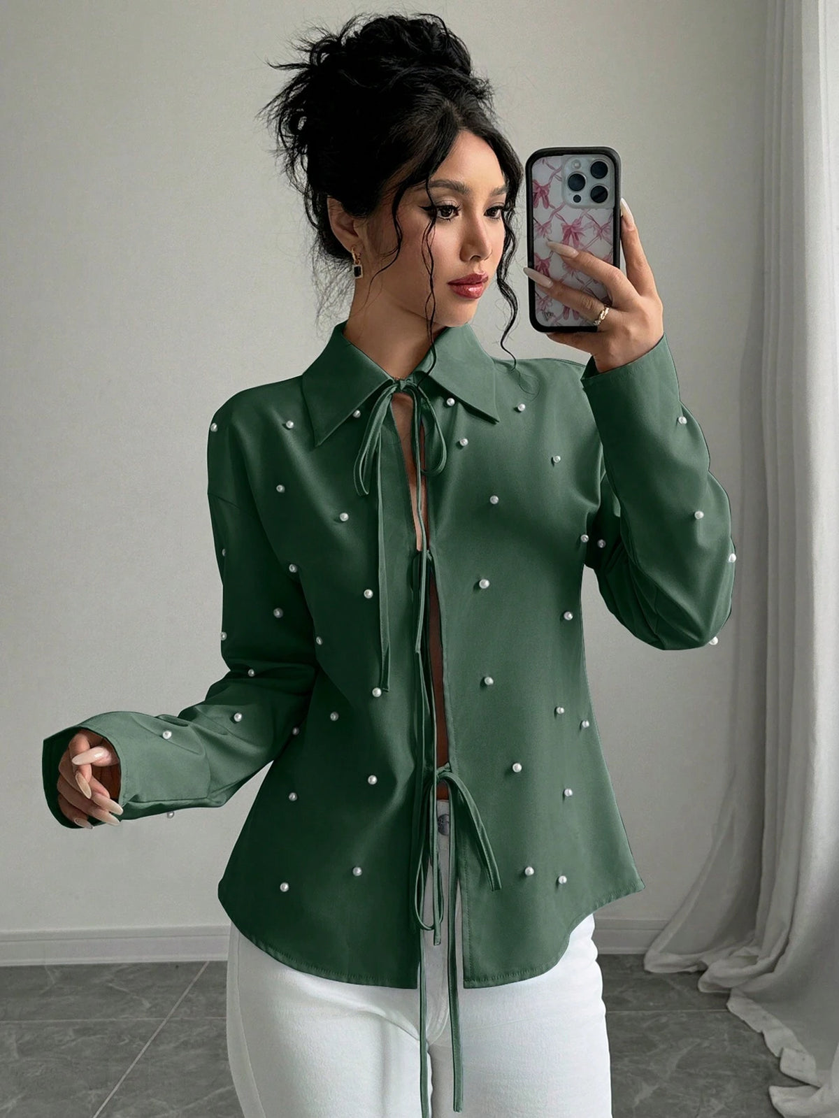 Women's Casual Button Down Shirt With Pearl Decor And Tie Design