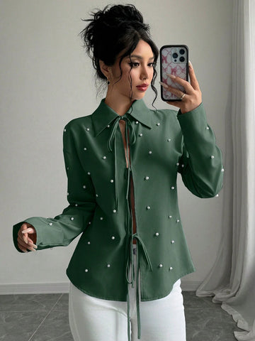 Women's Casual Button Down Shirt With Pearl Decor And Tie Design