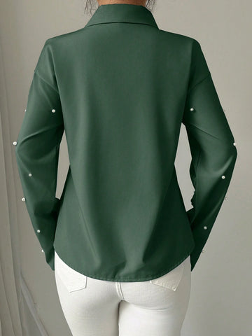 Women's Casual Button Down Shirt With Pearl Decor And Tie Design