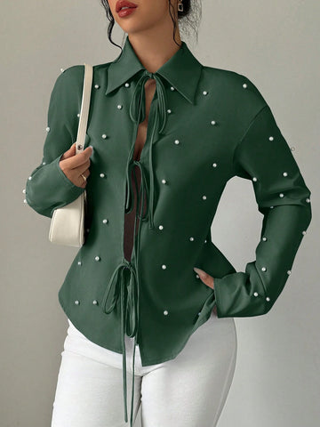 Privé Women's Casual Button Down Shirt With Pearl Decor And Tie Design