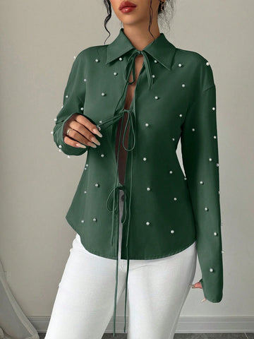 Privé Women's Casual Button Down Shirt With Pearl Decor And Tie Design