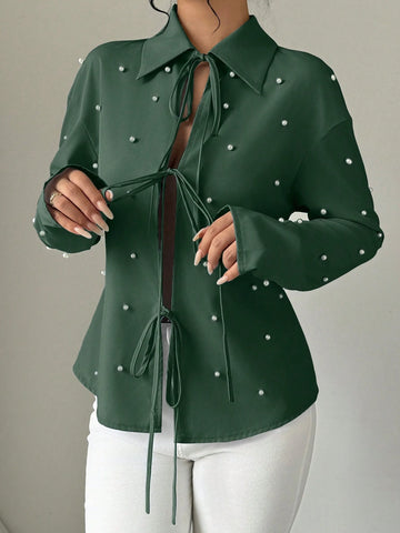 Privé Women's Casual Button Down Shirt With Pearl Decor And Tie Design