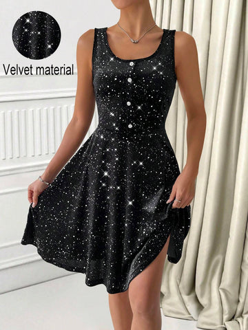Women's Casual Buttoned Minimalist Short Dress With Wide Strap