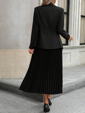 Women's Casual Elegant Fitted Long Sleeve Black Blazer Jacket & Graceful Pleated Maxi Skirt