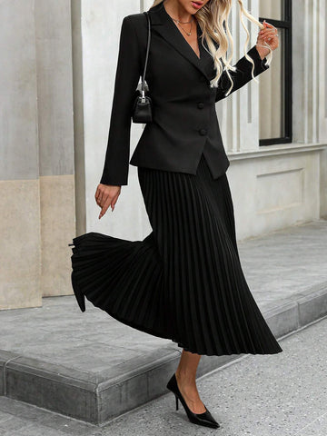 Women's Casual Elegant Fitted Long Sleeve Black Blazer Jacket & Graceful Pleated Maxi Skirt
