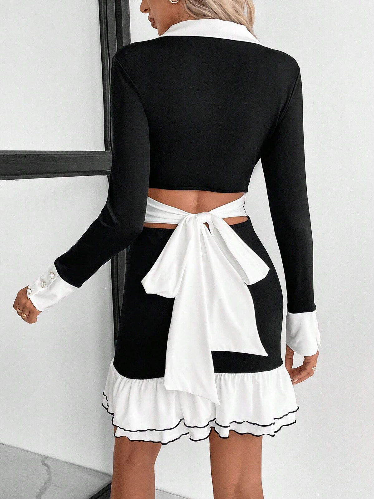 Women's Casual Elegant Ruffle Hem Tie Waist Long Sleeve Dress