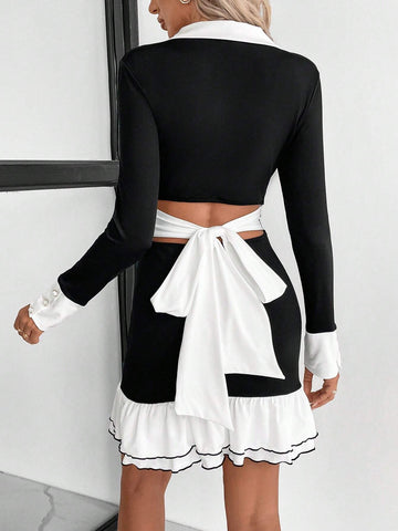 Women's Casual Elegant Ruffle Hem Tie Waist Long Sleeve Dress