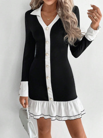 Women's Casual Elegant Ruffle Hem Tie Waist Long Sleeve Dress