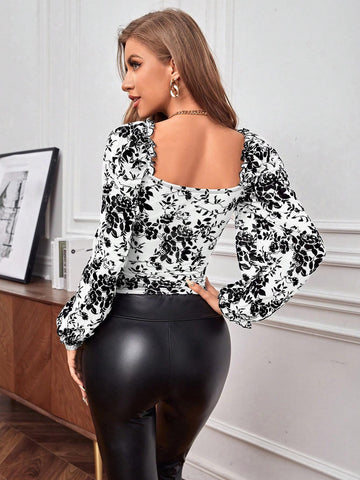 Women's Casual Floral Print Ruched Fitted T-Shirt, Autumn