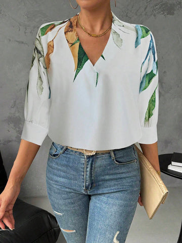 Privé Women's Casual Floral Print V-Neck 3/4 Sleeve Blouse Shirt, Autumn