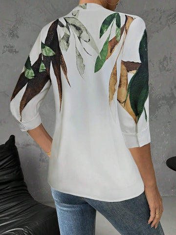 Privé Women's Casual Floral Print V-Neck 3/4 Sleeve Blouse Shirt, Autumn