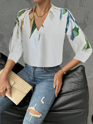 Privé Women's Casual Floral Print V-Neck 3/4 Sleeve Blouse Shirt, Autumn
