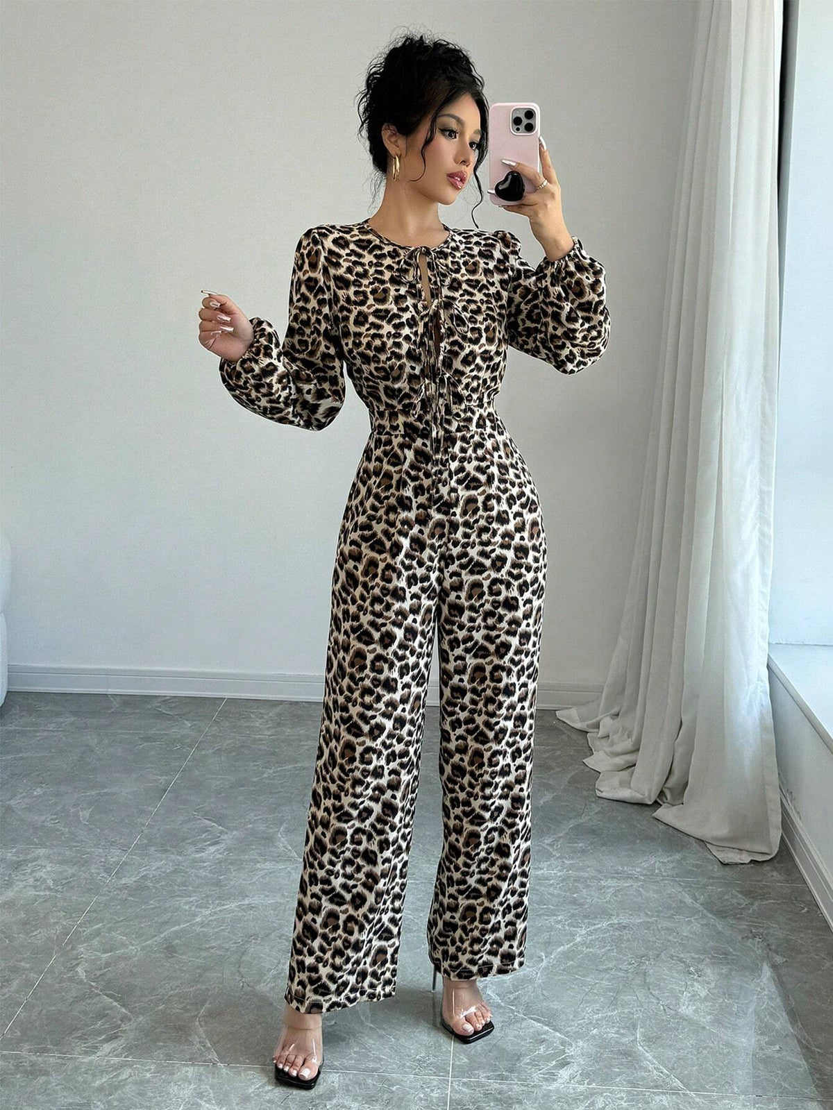 Women's Casual Leopard Print Jumpsuit With Tie-Up Balloon Sleeves, Autumn